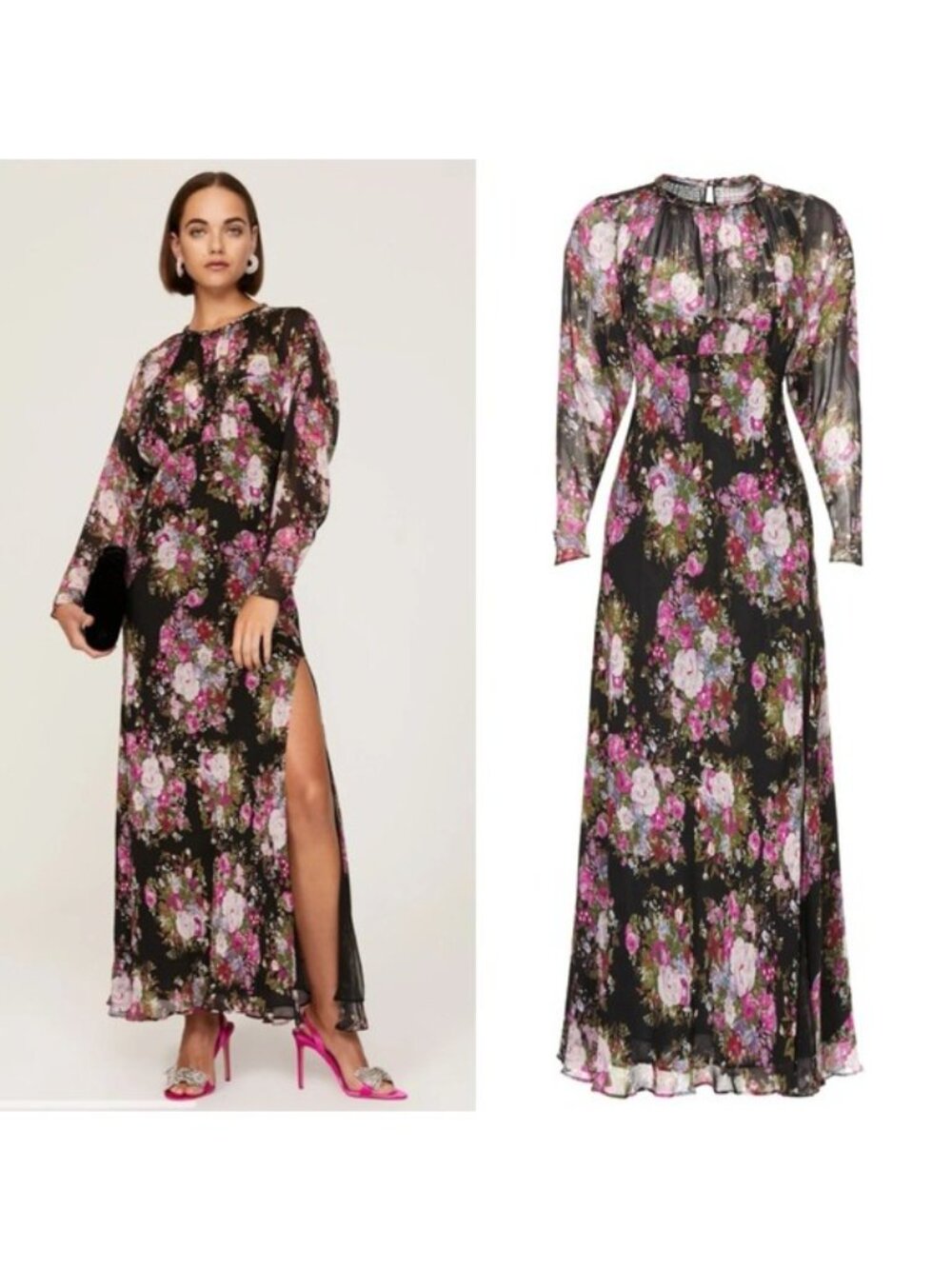 LoveShackFancy Daya Floral Maxi Dress 2 Midnight Muse Slit Pleated Long Sleeve